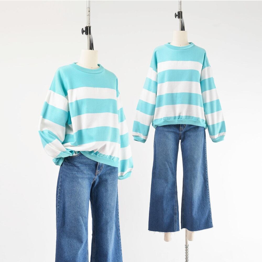 Vintage 90s Blue White Striped Sweatshirt Retro Oversized Pullover Crewneck L